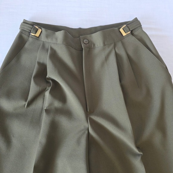 Vintage Pleated High Waist Trousers Side Buckle Size 12 Olive Green 80s Office - Picture 2 of 7